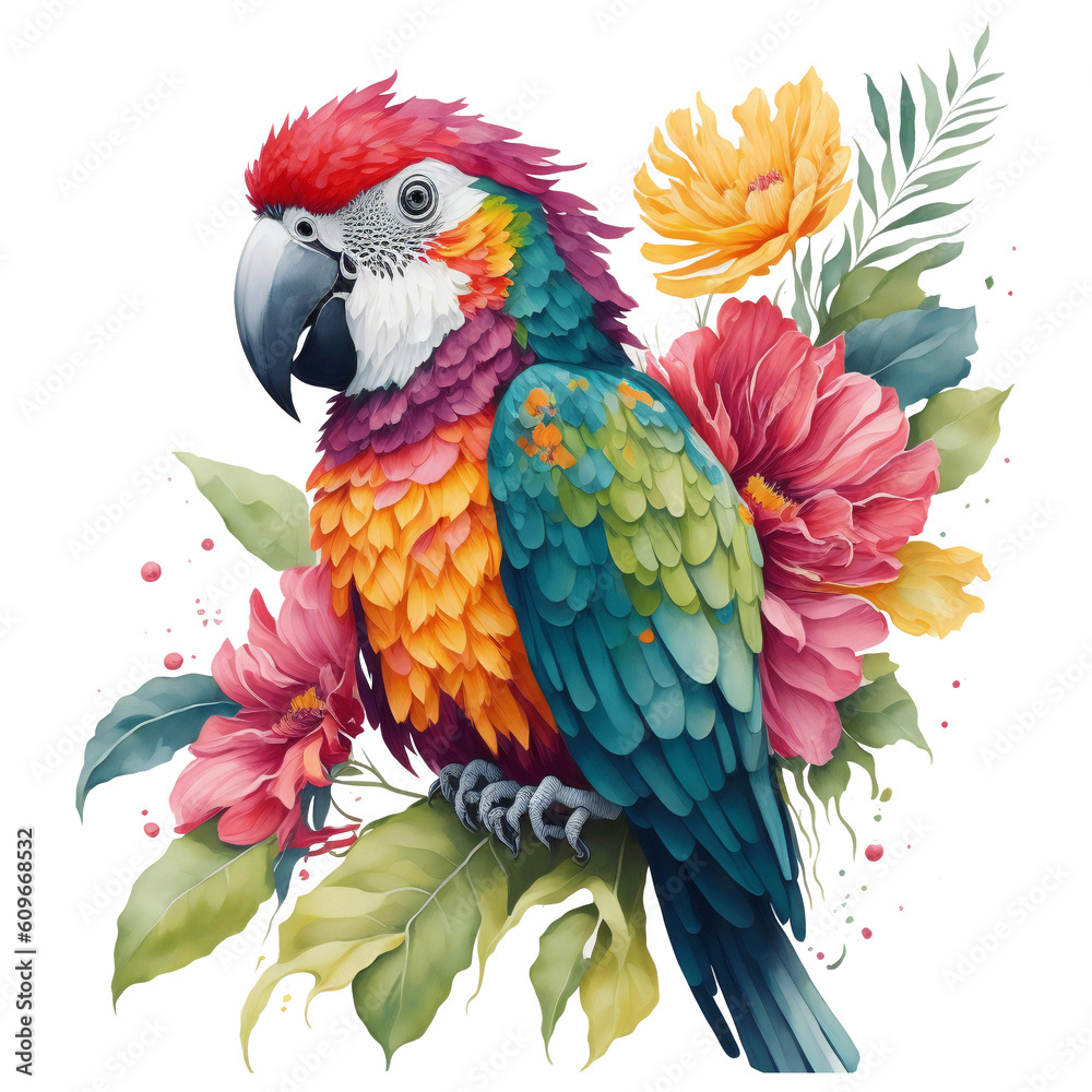Fototapeta premium Watercolor colorful macaw parrot Clipart, South American parrot with tropical leaves and floral flower , Cute Parrot art transparent