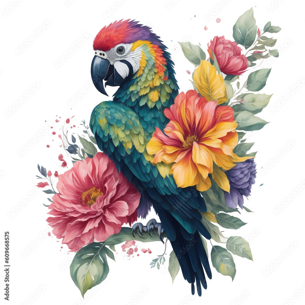 Fototapeta premium Watercolor colorful macaw parrot Clipart, South American parrot with tropical leaves and floral flower , Cute Parrot art transparent