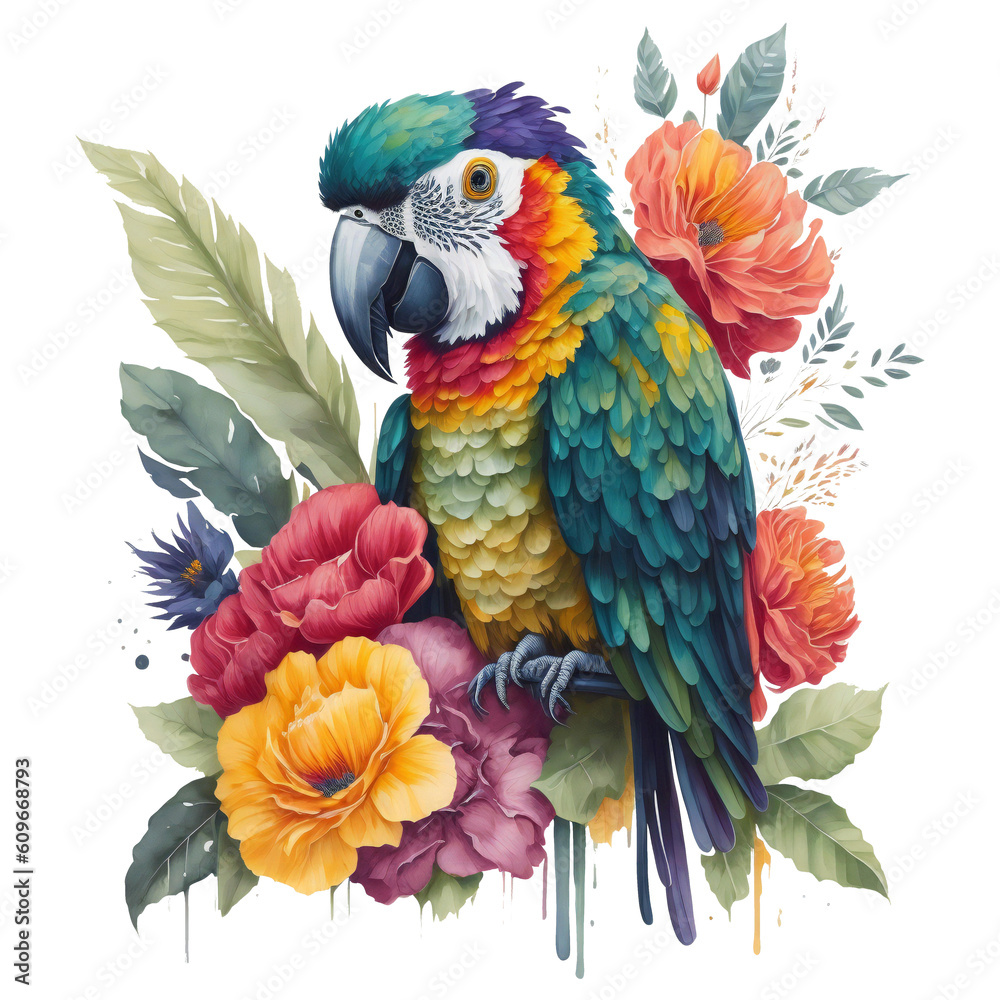 Watercolor colorful macaw parrot Clipart, South American parrot with tropical leaves and floral flower , Cute Parrot art transparent