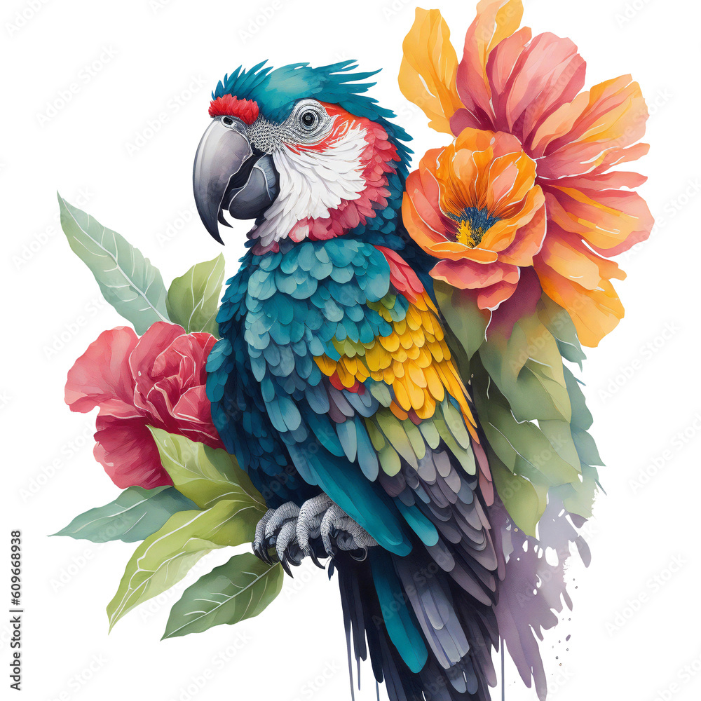 Obraz premium Watercolor colorful macaw parrot Clipart, South American parrot with tropical leaves and floral flower , Cute Parrot art transparent