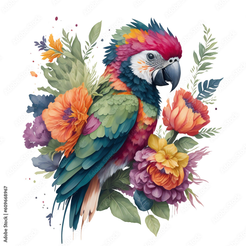 Watercolor colorful macaw parrot Clipart, South American parrot with tropical leaves and floral flower , Cute Parrot art transparent