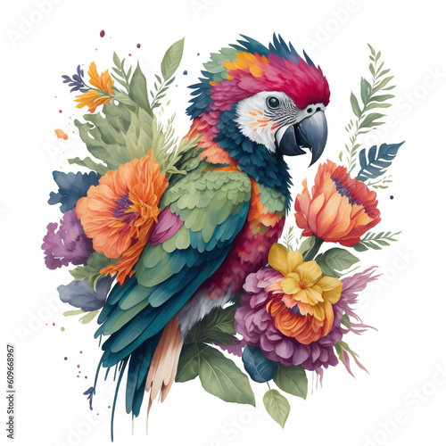 Watercolor colorful macaw parrot Clipart, South American parrot with tropical leaves and floral flower , Cute Parrot art transparent © SREmpire