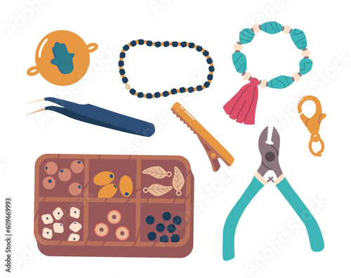 Set Of Jewelry Fittings And Tools For Creating Stunning Pieces. Includes A Variety Of Clasps, Jump Rings, And Pliers