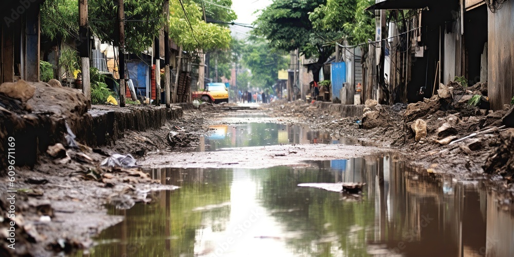 A choked drain overflows during a rainstorm, the urban waste management problem becoming a tangible threat, concept of Infrastructure failure, created with Generative AI technology