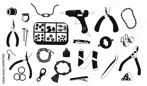 Set Of Black Icons Depicting Various Jewelry Fittings And Tools For Designers. Representing A Range Of Essential Items