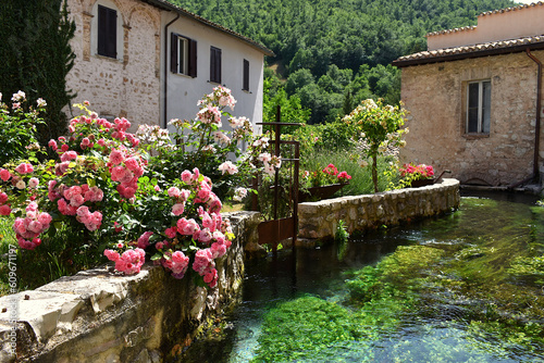 Old stone house in Rasiglia, Umbria (Italy), with pink flowers and a stream of water