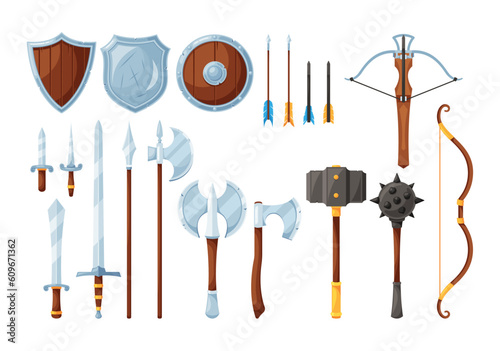 Medieval Weapons Set. Authentic And Formidable Collection Of Historic Weaponry, Swords, Axes, Maces, Bow