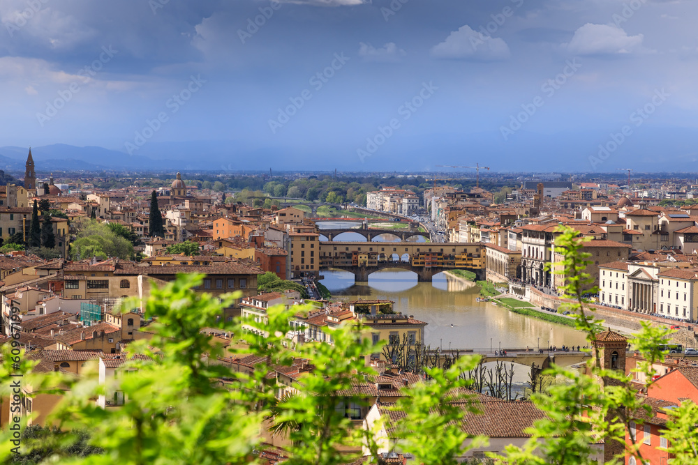 Florence skyline with the Ponte Vecchio on Arno River in italy.