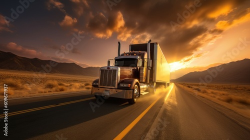 Bigrig truck with smoke from exhaust pipes barreling down highway during golden hour. Generative AI.