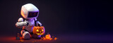 Cute small robot with jack lantern. Banner with copy space. Generated AI Generative AI