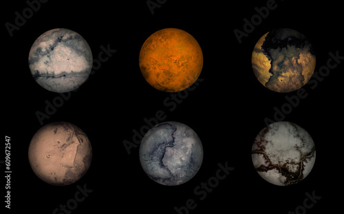 collection of fantasy planets in dark space