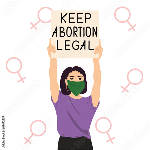 Woman in green bandana protesting against abortion law. Women's rights. Vector illustration