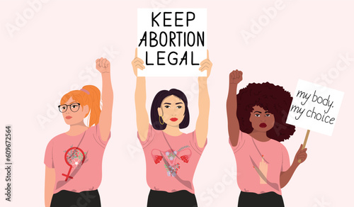 Women crowd protesting against abortion law. Feminism fights for women rights. Girl power.