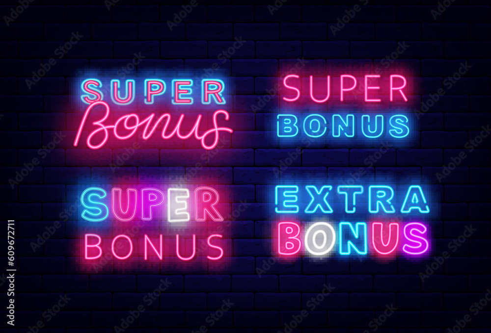 Super bonus neon labels collection. Shiny typography. Extra bonus. Casino and lottery sign. Vector stock illustration