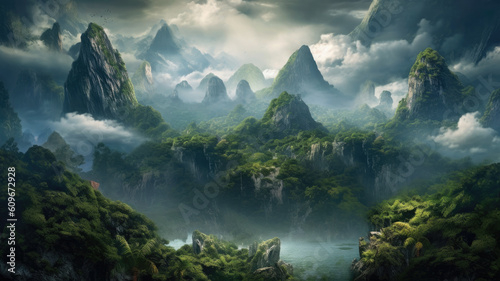 fantastic nature scene with mountains and seas created with Generative AI technology