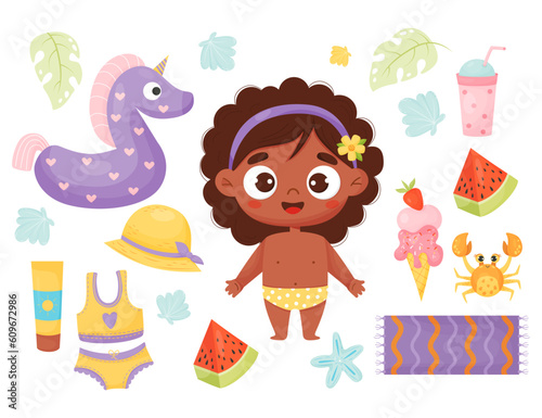 Summer time. Collection happy ethnic girl with beach accessories and clothes  rubber unicorn  crab  ice cream and watermelon  straw hat and sunblock. Isolated Vector illustration in cartoon style.