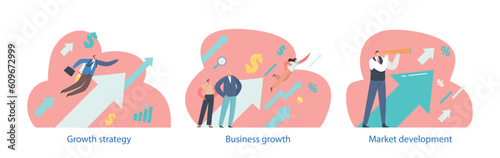Isolated Elements Business Growth With Characters. Expansion And Development Of Company's Operations
