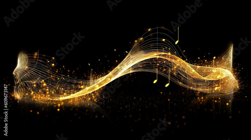 Golden Wavy Lines With Light Effect And Music Notes On Black Background. Ai generated