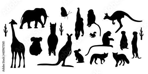 Collection silhouettes wild animals. Vector illustration. Isolated hand drawings tropical African elephant and giraffe, meerkat, monkey, llama and kangaroo on white background for design.