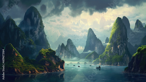 fantastic nature scene with mountains and seas created with Generative AI technology