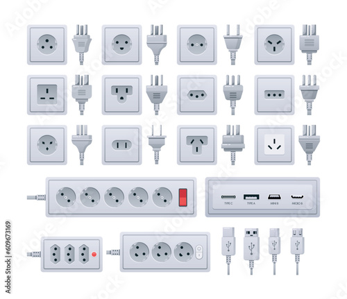 Socket Plug Types Set, Each Has Specific Prong Configurations And Is Used In Different Countries Vector Illustration