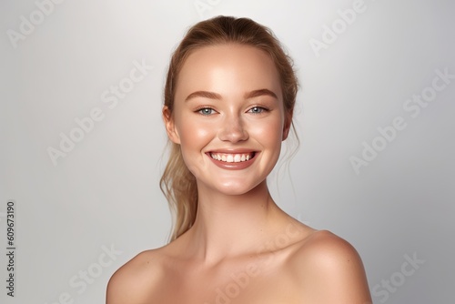 Portrait of a happy, confident, and healthy Caucasian woman with glowing skin and positivity. Generative AI