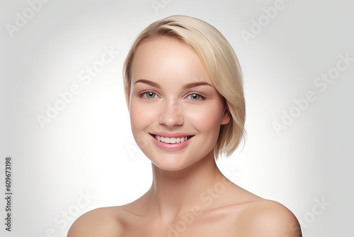 Portrait of a happy  confident  and healthy Caucasian woman with glowing skin and positivity. Generative AI