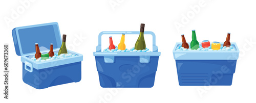 Portable Containers Refrigerators with Tin Cans and Bottles with Drinks. Cooling Units To Store Perishable Goods