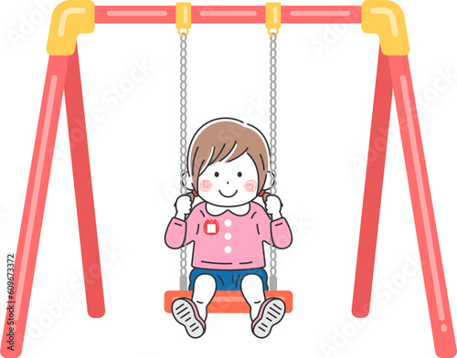 ブランコに乗る、幼稚園児の女の子のイラスト