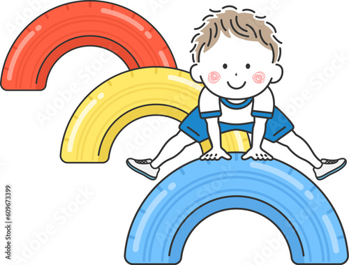 タイヤの遊具で遊ぶ、男の子のイラスト
