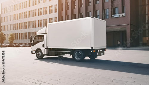 Cargo truck with blank side mock up on city streets, AI generated