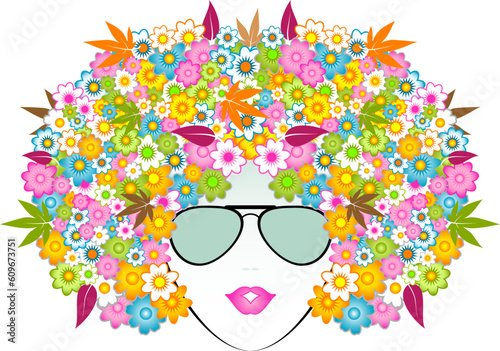 Fashionable girl wearing a pair of sunglasses with a hairdo of pretty colorful flowers.