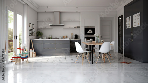 Clean gray marble tile floor in contemporary design kitchen with dining table. Generative Ai