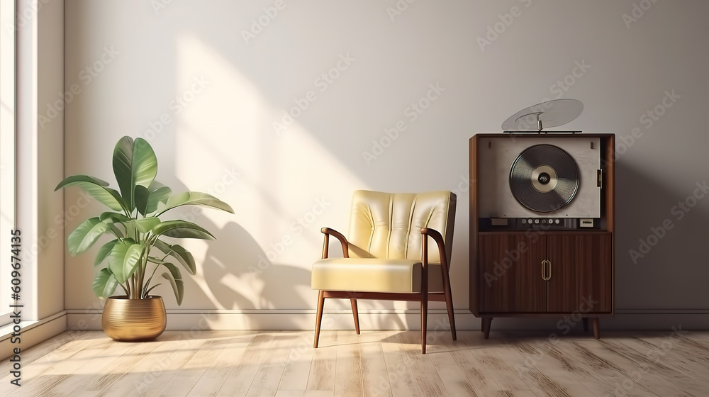 Retro mid century cushion armchair, vinyl record player on wooden storage cabinet. Generative Ai Retro mid century cushion armchair, vinyl record player on wooden storage cabinet. Generative Ai