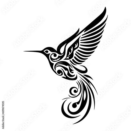 Dynamic and captivating flying bird tribal tattoo, combining tribal motifs and avian elements. Embodying power, agility, and the desire for adventure. Generative AI