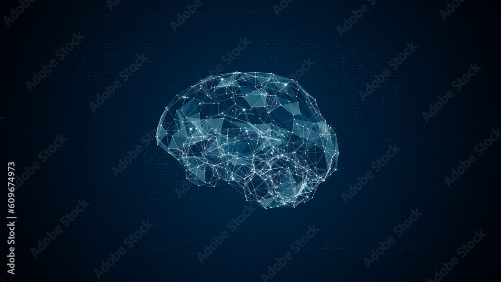 Blue polygon digital brain logo with grid line and ai technology icon ...