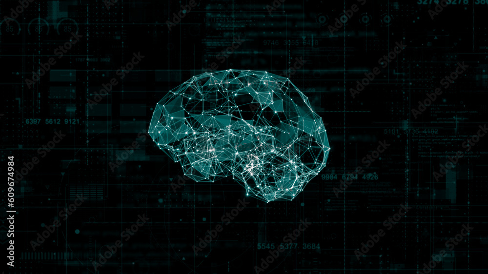 Blue polygon digital brain logo with grid line on futuristic HUD ...