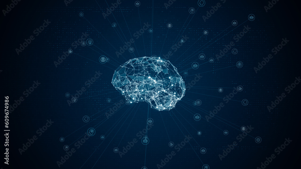 Blue polygon digital brain logo with grid line and ai technology icon ...