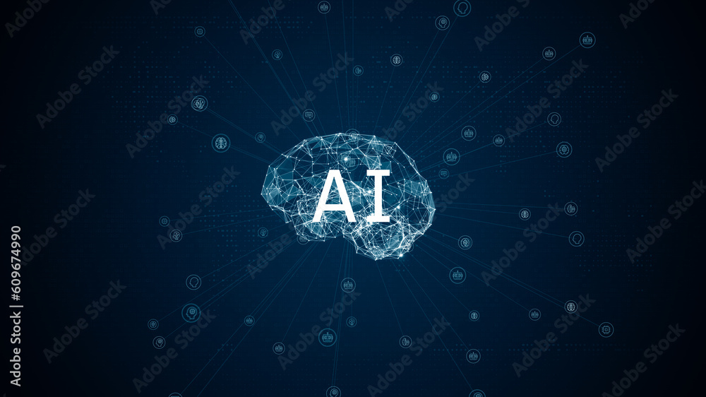Blue polygon digital brain logo and AI letter with grid line and ai ...