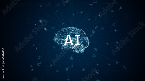 Blue polygon digital brain logo and AI letter with grid line and ai technology icon rotation on futuristic abstract background artificial intelligence concepts