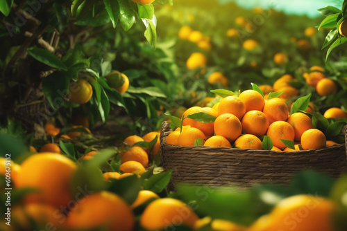 Harvesting Juicy oranges grow on trees on orange farm. Ripe juicy oranges in a basket. Generated by AI