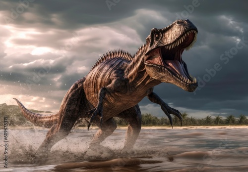 Dinosaur T-rex running on the lake. Created with Generative AI tools