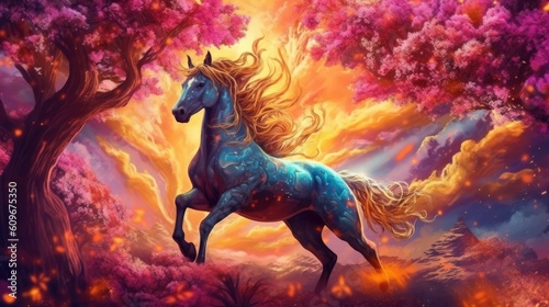 Horse in the magic forest. Fantasy landscape with a horse. Created with Generative AI tools