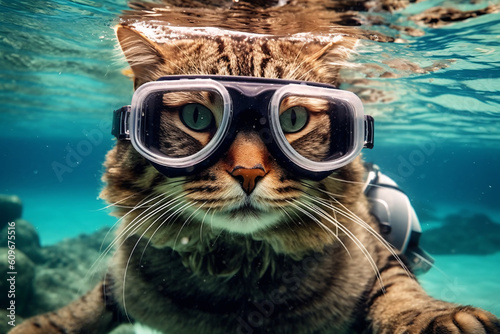 Cat Diving Under Water Wearing Snorkelling Mask, Generative AI