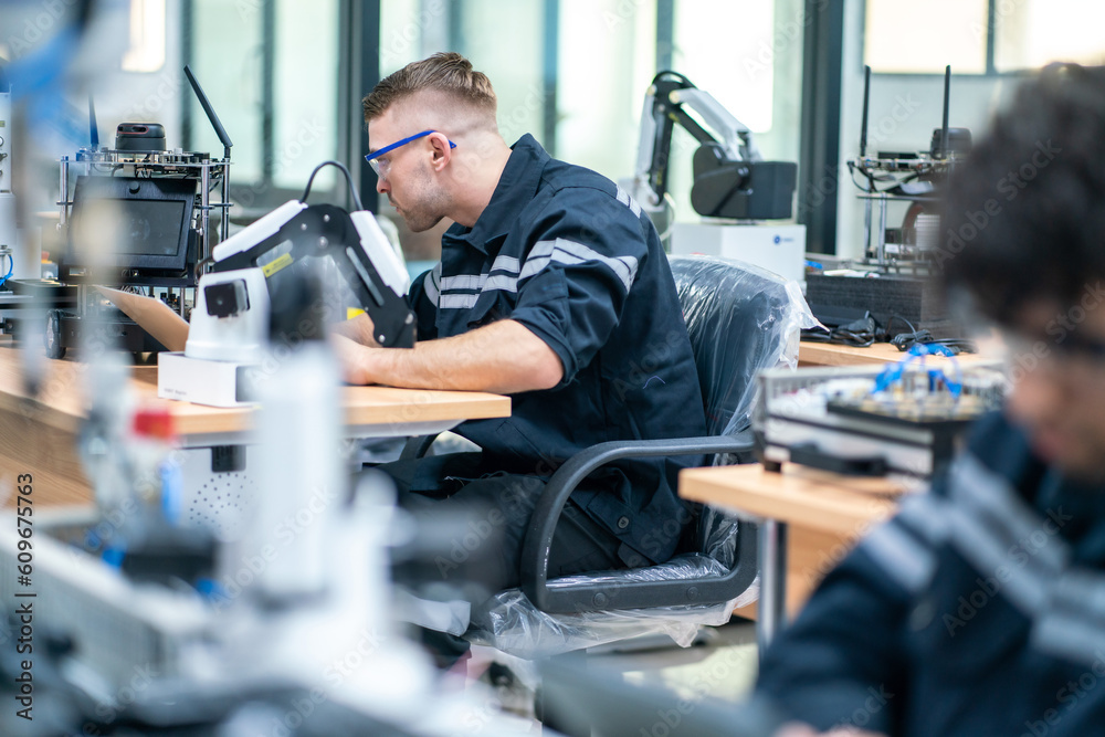 Mechanical engineering team working in robotic technology lap for research and develop for manufacturing automation and robotics. Mechanical engineering team working in robotic technology lap for research and develop for manufacturing automation and robotics.