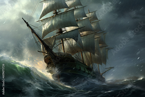 Historic Sailing Ship in Stormy Sea Generative AI