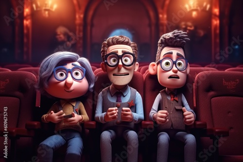 three glasses wearing people watching an animation in 3d at the cinema, ai generative
