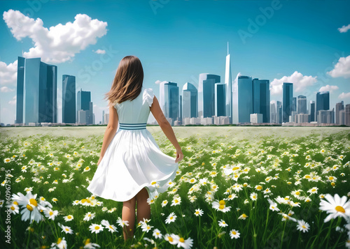 back view of a girl in a white dress, stainding in a daisy flower field, looking at the city skyscrapers on the horizon. Generative ai photo