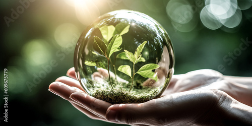 A crystal globe rests on a white surface, surrounded by words related to sustainable development and ESG. - generative ai photo