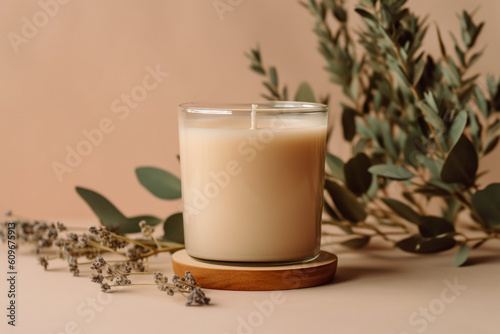 Product image, Handmade candle from paraffin and soy wax in glass with wooden wick and dry herbal isolated on pastel beige background. Flat lay, top view, copy space